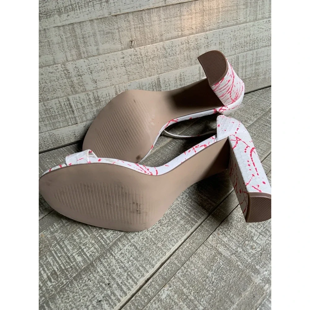 Shoedazzle Pink White Strappy Platform  High Heel Shoes Block Heels Size 8.5